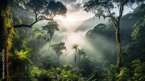 Rainforest landscape with trees and fog in the morning, Generative AI