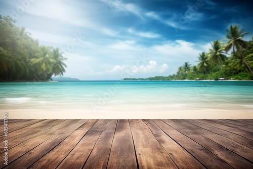 Empty wooden table on a beautiful blured tropical beach background. Summer holiday background for product display, generate ai