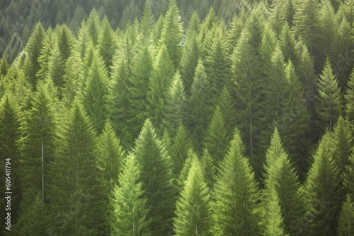 Healthy green trees in a forest of old spruce  fir and pine  generate ai