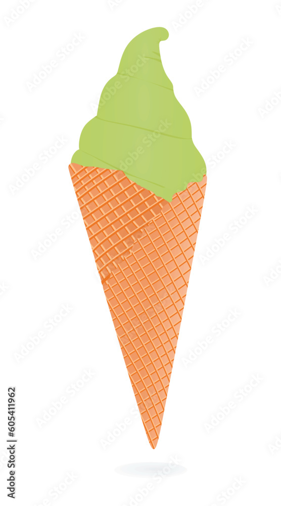 Green ice cream in cone, vector