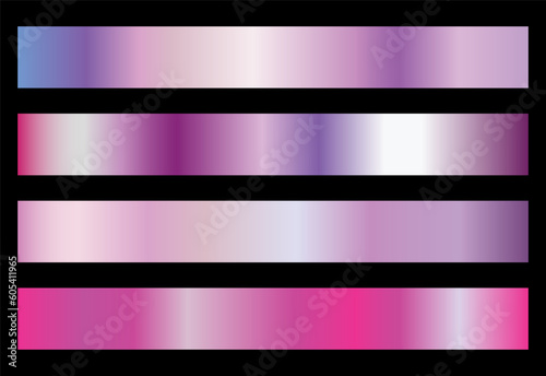 Pink metallic rose vector gradients, pink colorful palette and texture set. Iridescent Foil. Glitch Hologram. Pastel neon rainbow. Ultraviolet metallic paper.   Glossy pink background for ribbons.