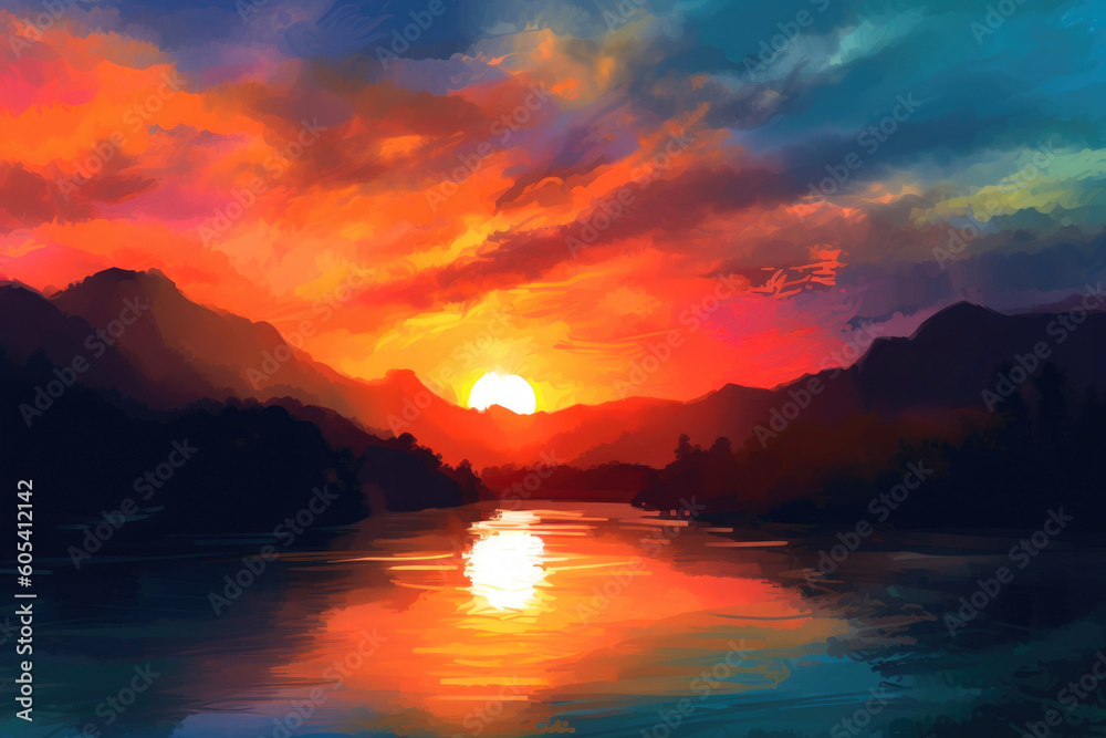 Beautiful colors and dramatic light of a sunrise or sunset. Generative AI