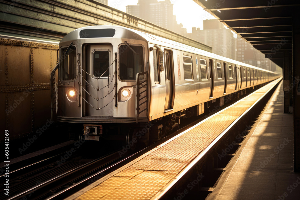 Subway train in New York, natural light at sunny golden hour. Generative AI