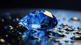 Close-up of a bright blue sparkling sapphire mineral. blurred background. Generative ai
