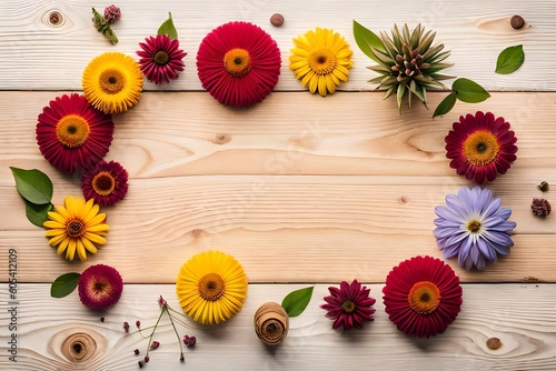 top view of flowers on wooden background with copy space. Abstract natural floral frame layout with text space. Romantic feminine composition. Wedding invitation. International Women day, Mother Day 