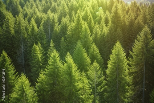 Healthy green trees in a forest of old spruce  fir and pine  generate ai