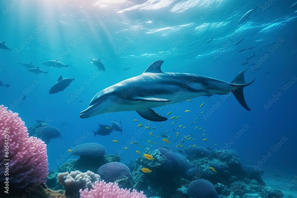 Dolphins swimming in the undersea, Beautiful Underwater and colorful coral in the wild nature of the Pacific Ocean, Generate Ai