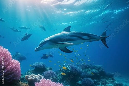 Dolphins swimming in the undersea, Beautiful Underwater and colorful coral in the wild nature of the Pacific Ocean, Generate Ai © MstAsma