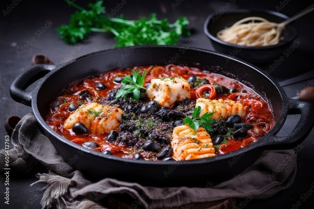 Traditional Italian spaghetti al nero di seppia with squid ink in tomato sauce served as close-up in a cast-iron pan on a wooden board, generate ai