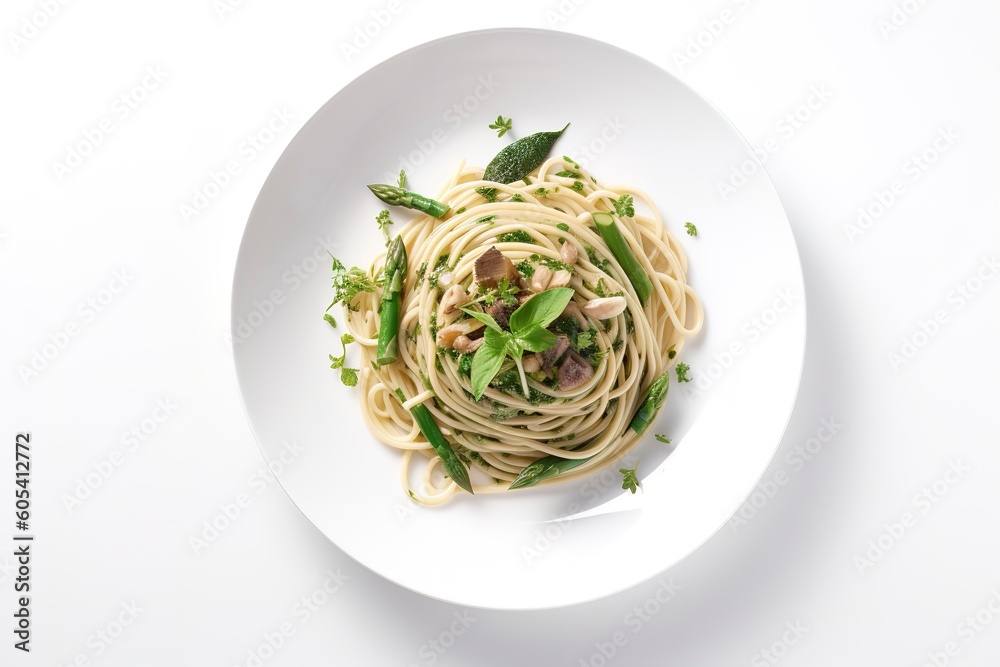 Traditional Italian spaghetti with asparagus in a herb sauce served as a top view on a Nordic design plate, generate ai Traditional Italian spaghetti with asparagus in a herb sauce served as a top view on a Nordic design plate, generate ai