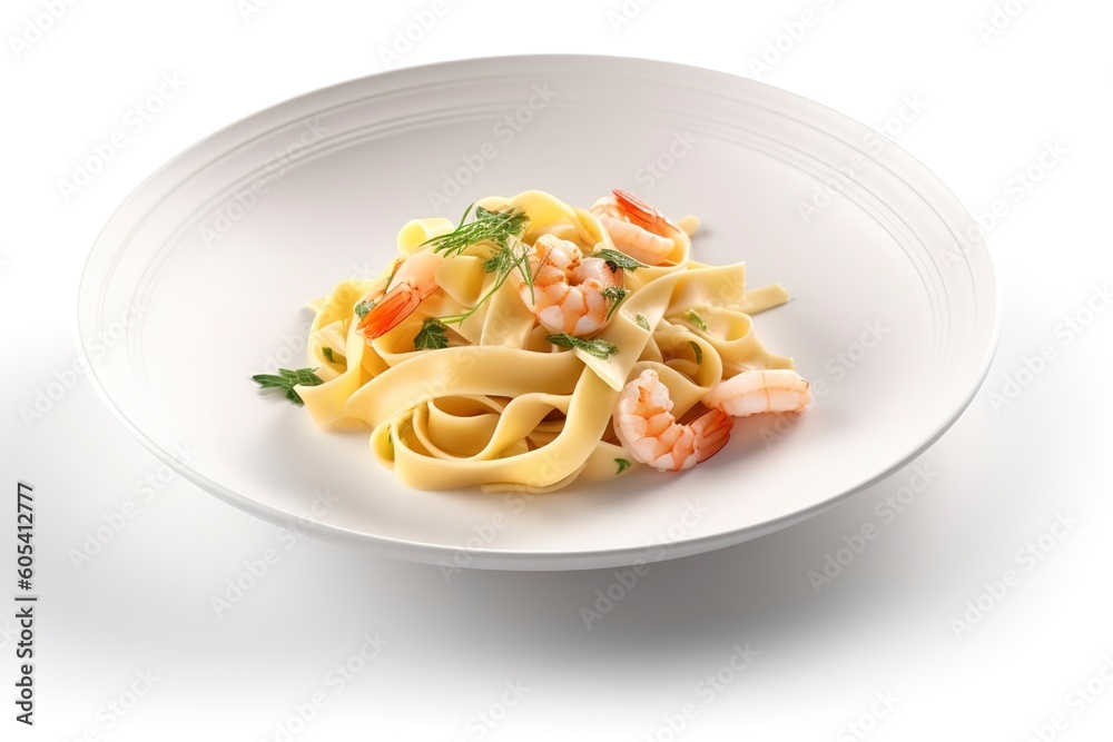 Traditional Italian tagliatelle ai gamberoni pasta with king prawns and herbs served as close-up on a design plate with copy space, generate ai