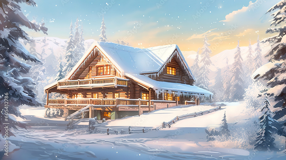 Snow covered wooden chalet in a white winter landscape. Generative ai