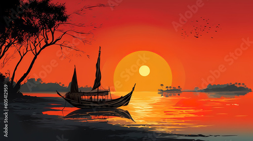 Traditional long tail boat in sunset at koh Hong island. Generative ai