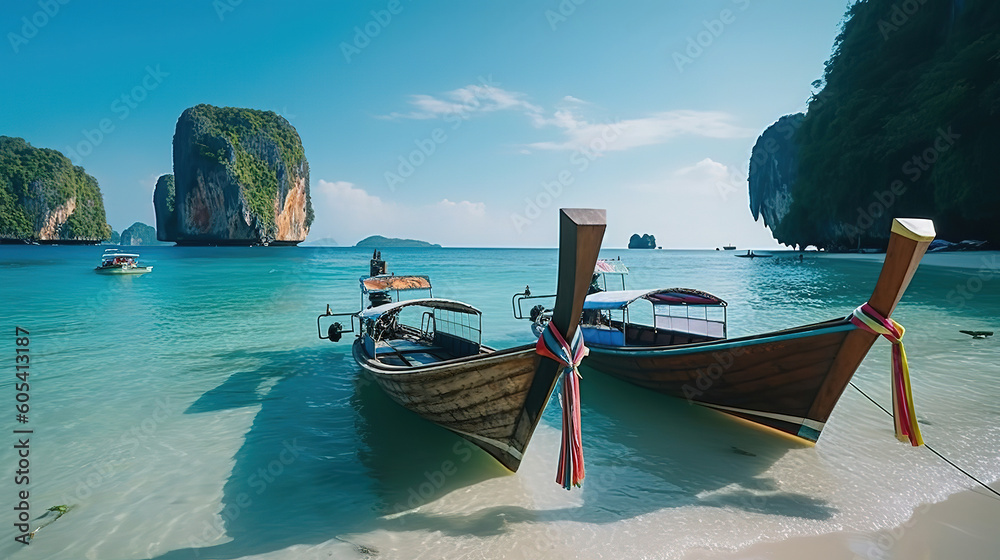 Obraz premium Classic boat near tropical islands with crystal clear water. Generative ai