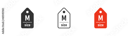 Label size M icon on light background. Clothes symbol. Measurement standart, t-shirt, cloting tag. Outline, flat and colored style. Flat design. Vector illustration