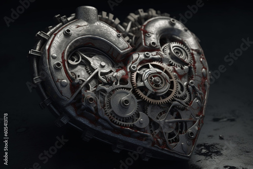 Heart made of metallic and grunge gears, cogwheels, cogs and other mechanical parts Illustration. Retro vintage, pop-art style. Generative AI