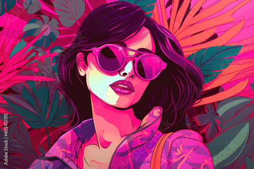 Fashion retro girl in the style with sunglasses and exotic leaves. Generative AI