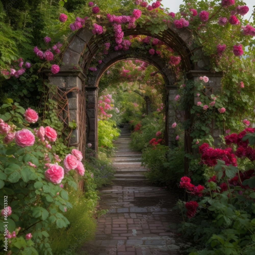 Lush Rose Garden Arch - Dreamy Summer Atmosphere Backdrop created with Generative AI technology Lush Rose Garden Arch - Dreamy Summer Atmosphere Backdrop created with Generative AI technology
