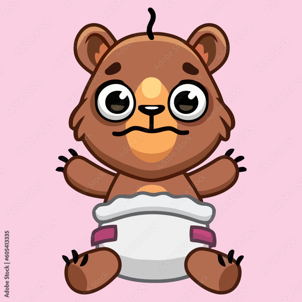 Illustration of cute baby teddy bear wearing diapers, bear face cartoon, vector illustration