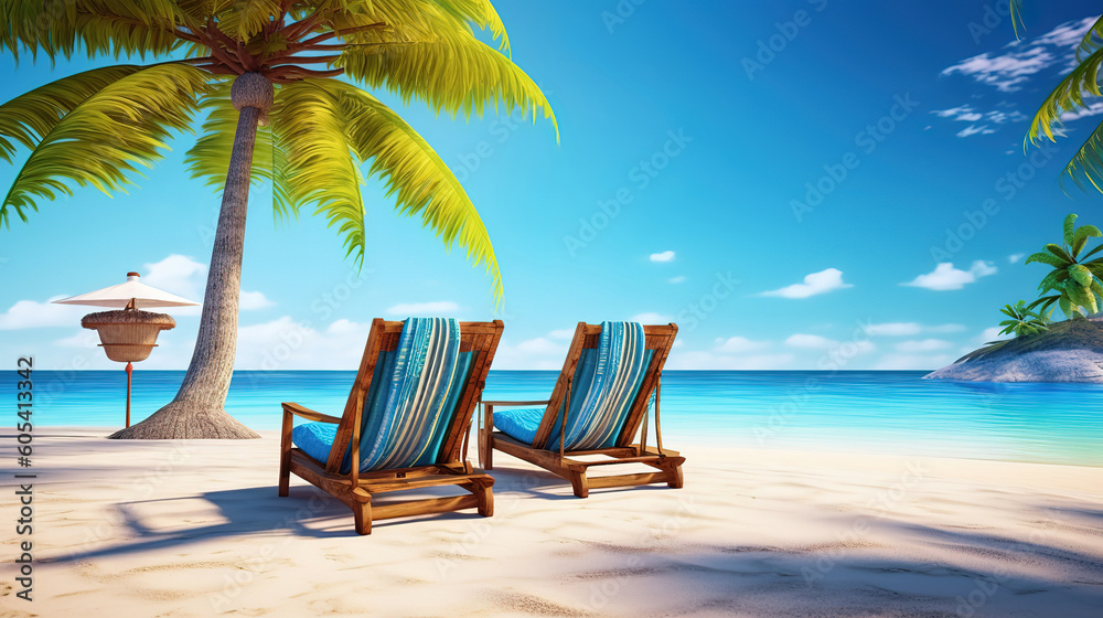 Beautiful tropical beach with white sand and two sun loungers on background. Generative ai