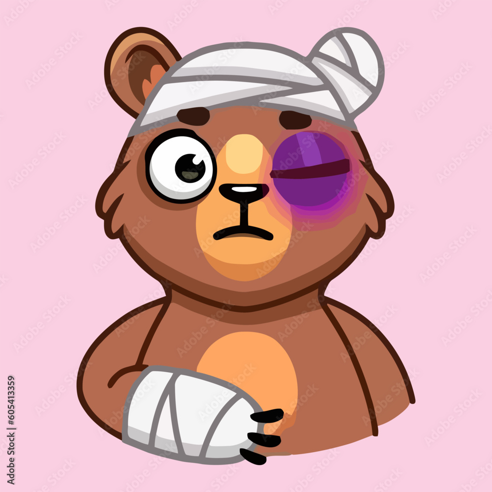 Illustration of cute teddy bear is sick and bruise on face using bandage, bear face cartoon, vector illustration