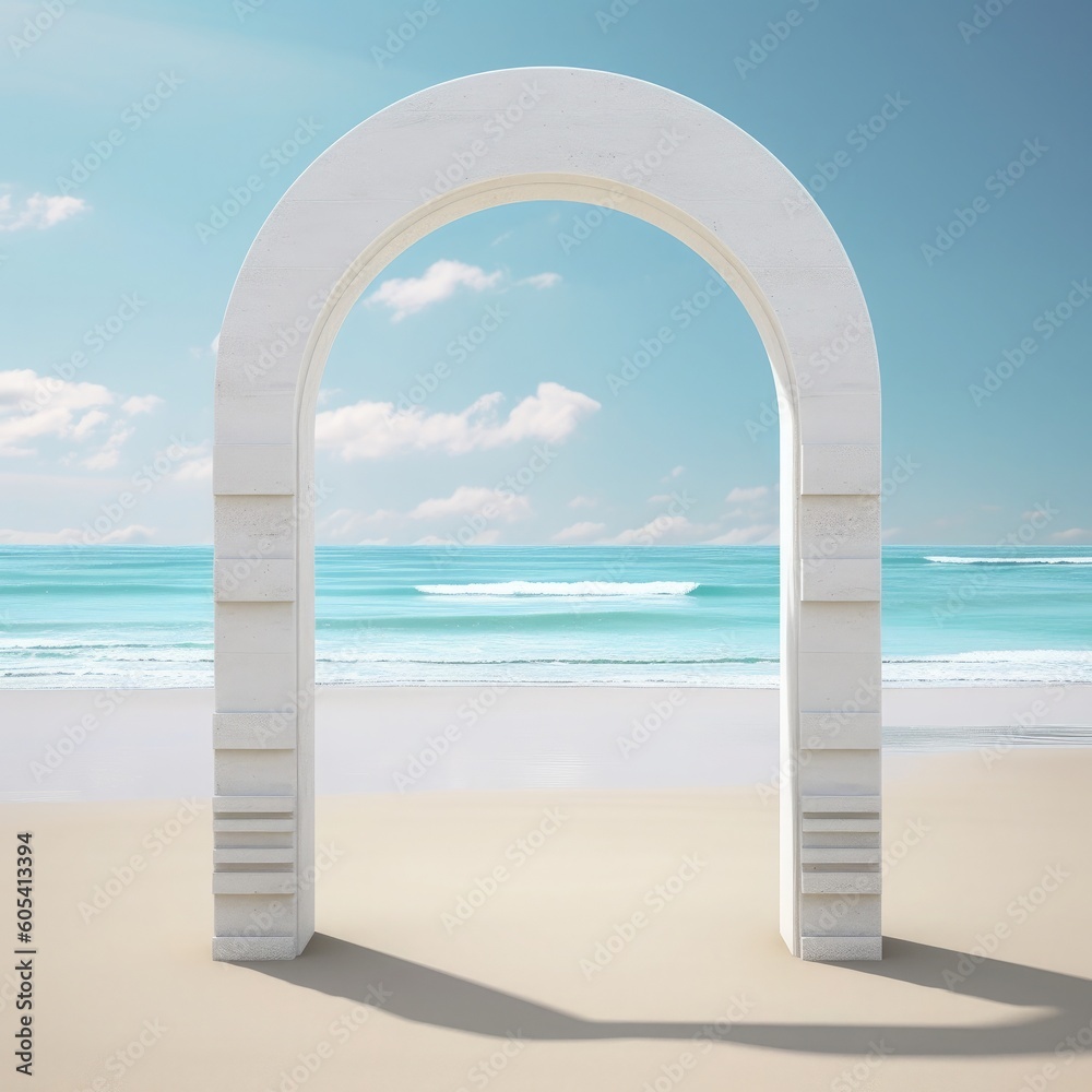 Minimalist White Archway - Tranquil Beach Backdrop created with Generative AI technology