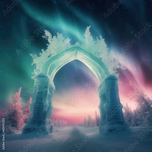 Icy Wonderland - Captivating Aurora-lit Archway Backdrop created with Generative AI technology