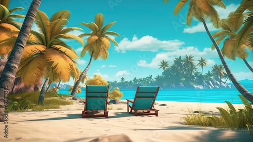 Two stylish beach chairs on idyllic tropical white sand beach. Generative ai