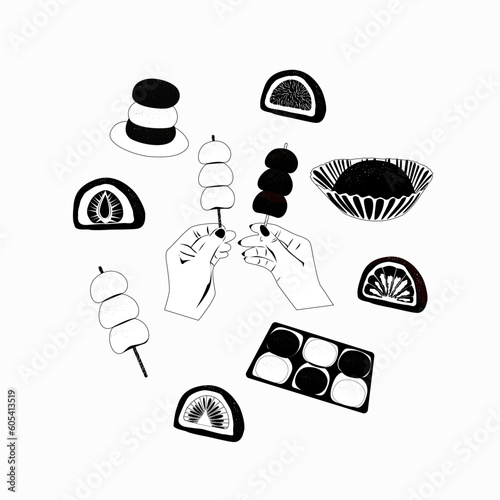 Japanese dessert mochi.
Two hands hold mochi on a stick. Mochi in a box. Mochi on a stick. Black and white vector illustration.
