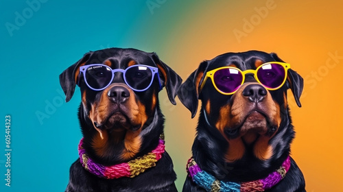 Rottweillers wearing colorful sunglasses - Generative AI