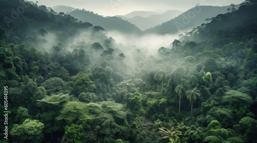 Misty jungle rainforest from above in the morning. Tropical forest with sun rays and fog. Aerial view. Nature landscape wallpaper background, Generative AI