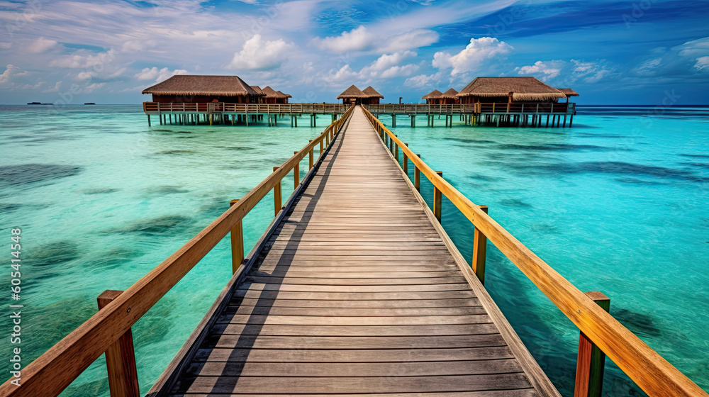 Water Villas (Bungalows) and wooden bridge at Tropical beach in the Maldives at summer day Generative AI Water Villas (Bungalows) and wooden bridge at Tropical beach in the Maldives at summer day Generative AI