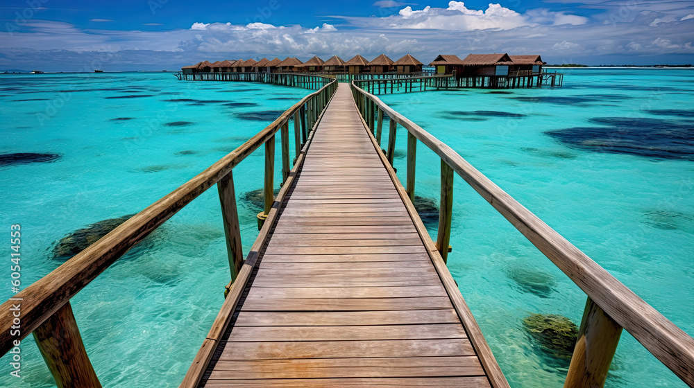 Water Villas (Bungalows) and wooden bridge at Tropical beach in the Maldives at summer day Generative AI