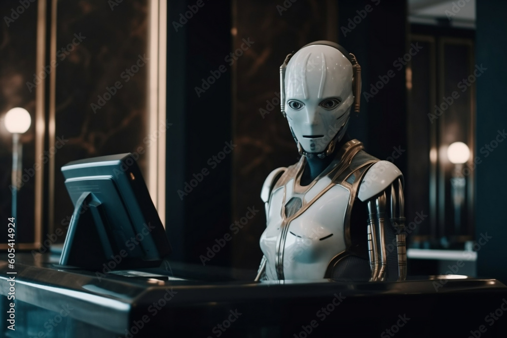 Female humanoid hotel in hospitality industry, receptionist robot assistant in lobby hotel or airports for customer service, information provision. Concept of high-tech assistant. Generative AI