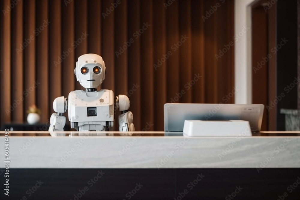 smart Humanoid hotel in hospitality industry, receptionist robot assistant in lobby hotel or airports for customer service, information provision. Concept of high-tech assistant. Generative AI - obrazy, fototapety, plakaty 