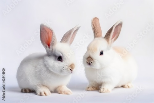 Front view of cute baby rabbits on white background  Little cute rabbits sitting with Lovely action on white  Generative Ai
