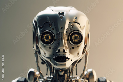 Cute friendly robot looking into the camera. Robot's face with big eyes look at the front. Futuristic AI robotic humanoid machine, artificial intelligence technology concept. Generative AI Technology. © Valeriia