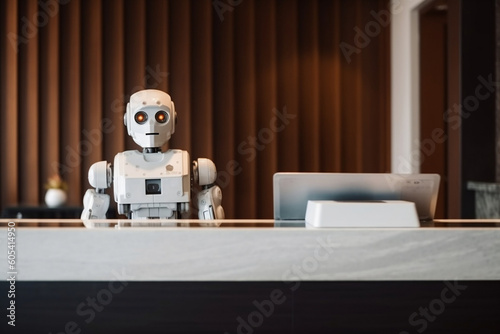 smart Humanoid hotel in hospitality industry, receptionist robot assistant in lobby hotel or airports for customer service, information provision. Concept of high-tech assistant. Generative AI