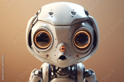 Cute friendly robot looking into the camera. Robot's face with big eyes look at the front. Futuristic AI robotic humanoid machine, artificial intelligence technology concept. Generative AI Technology.