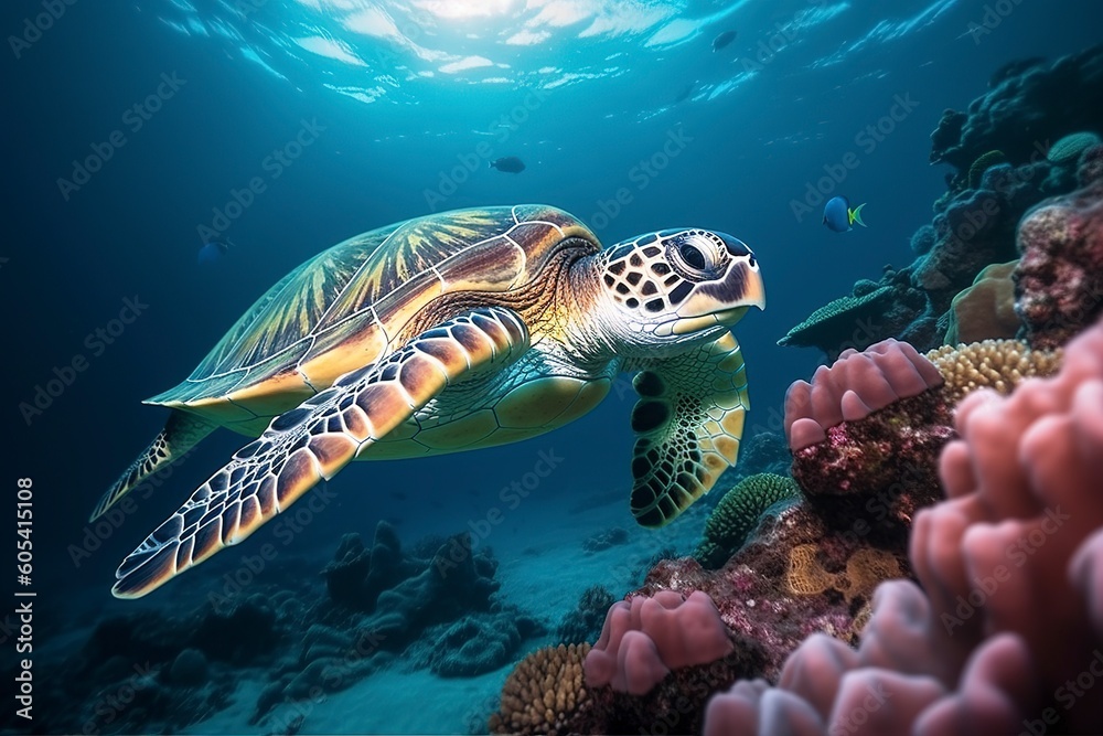 Obraz premium Sea turtle swimming the undersea, Beautiful Underwater and colorful coral in the wild nature of the Pacific Ocean Generate Ai