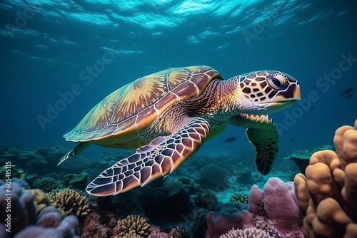 Sea turtle swimming the undersea, Beautiful Underwater and colorful coral in the wild nature of the Pacific Ocean Generate Ai © MstAsma