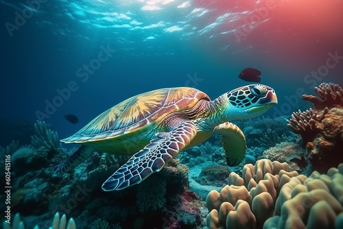 Sea turtle swimming the undersea, Beautiful Underwater and colorful coral in the wild nature of the Pacific Ocean Generate Ai