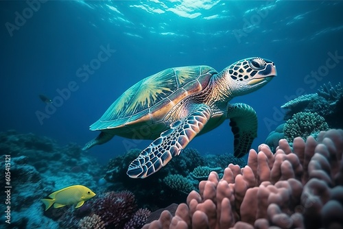 Sea turtle swimming the undersea, Beautiful Underwater and colorful coral in the wild nature of the Pacific Ocean Generate Ai