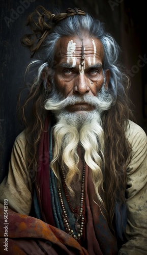 Elderly Hindu Sadhu with Traces of Body Paint. Generative AI