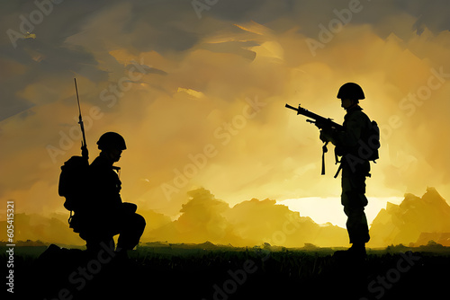Silhouette of two military soldiers on the mountains after battle on the sunset sky during war apocalyptic concept 