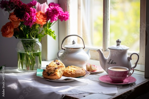 A Mother's Day arrangement with tea and scones in front of a bright window, generate ai