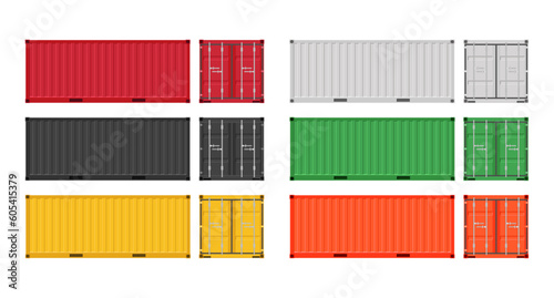 Large shipping containers. Set of cargo containers in different colors. Vector illustration. Isolated on white background.	