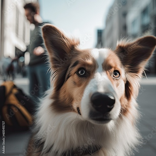 close up portrait of dog with owner in a big city downtown street.Ai generated © PapatoniC