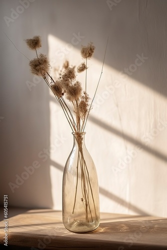 Dried meadow grass bouquet in clear glass bottle aesthetic sun light shadows on neutral wall, minimalist floral interior design , generate ai © MstAsma