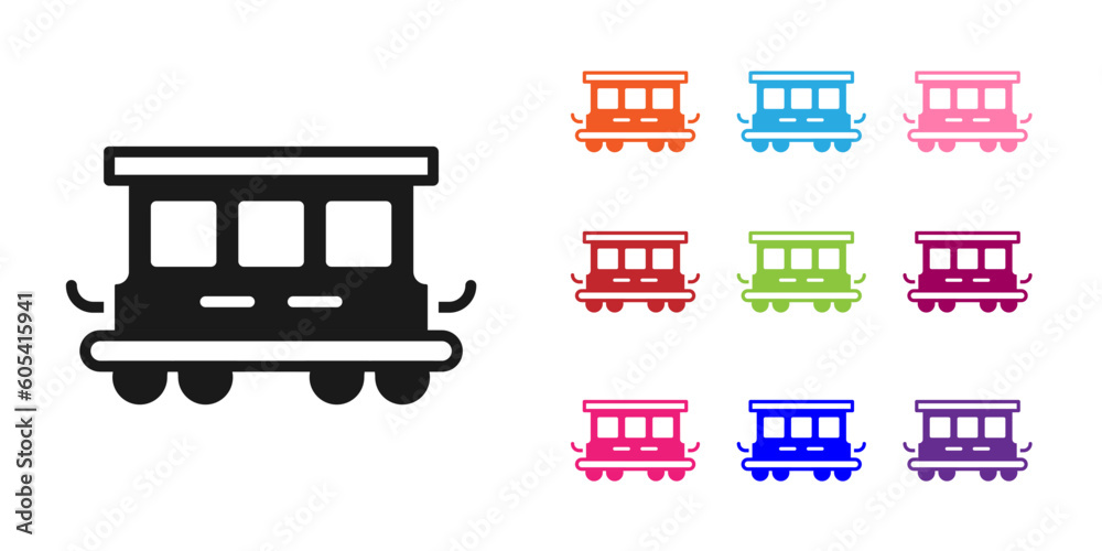 Black Passenger train cars toy icon isolated on white background. Railway carriage. Set icons colorful. Vector